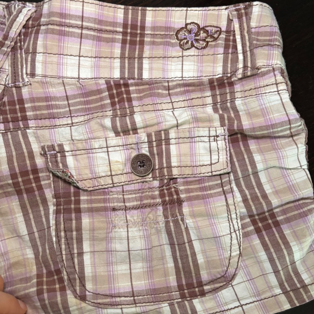 Y2K VTG Mcbling Plaid Low Rise Ruched Side Tie Shorts Brown Purple Size 5/6 Indi - Picture 8 of 14
